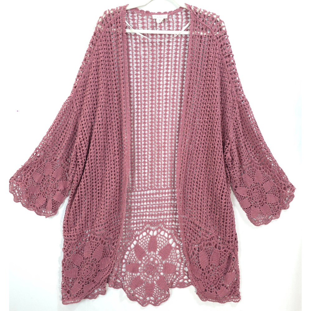 Festi Dusty Rose Crochet Open Cardigan Floral Lace 1X 2X Boho Cover Up Festival